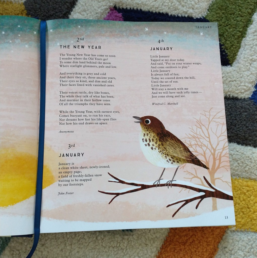 An example of a page from the book, a beautifully illustrated page with a thrush on a branch against a pink sky, sunset and snow, features the poems for January 2nd to January 4th